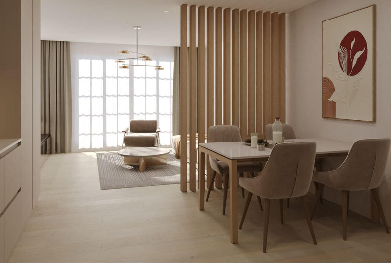 White oak wood slat room divider in a dining room
