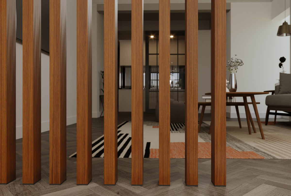 Teak-toned wood slat divider