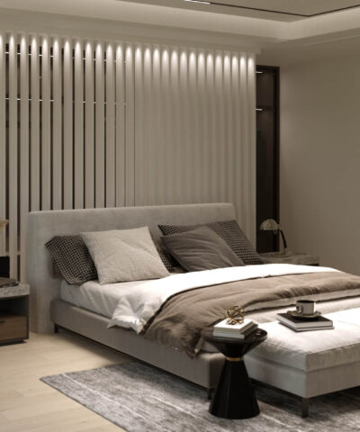 White Slat Room Divider with Lights in Bedroom